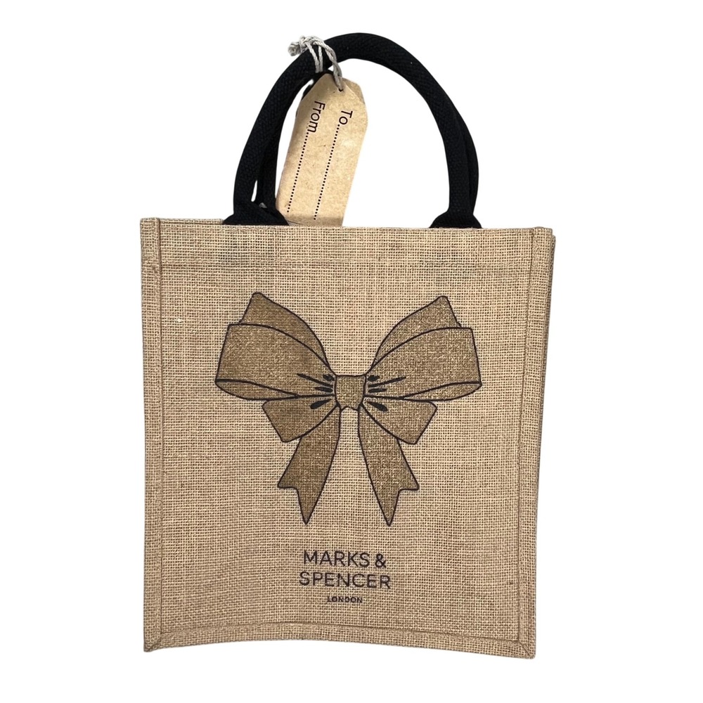 New Marks & Spencer Jute Tote Bag Unisex Tan Glitter Bow Reusable Shopper M&S